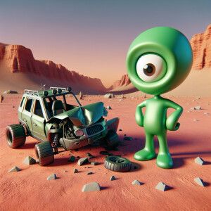 Cute cartoonish green CGI 3d Martian standing beside an accident...