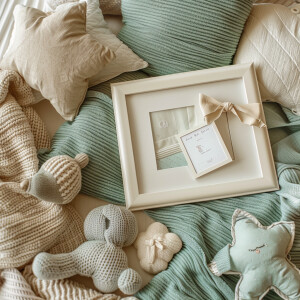 Baby announcement mockup image looking down from above with soft...