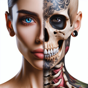 Create a female, the right half of which looks like a woman skel...