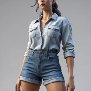 Young woman wearing denim shorts, captured from a low angle pers...