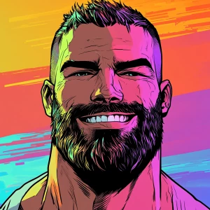 White muscular thin man with beard, big chin, smile and cheekbon...