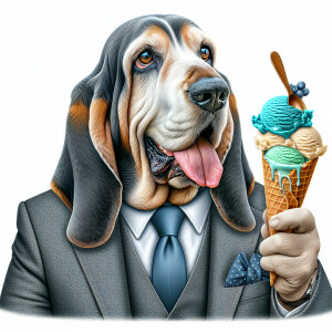 Create a picture of an old, gray Bassett hound dog wearing a sui...