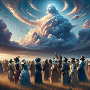Slaves from the 1600s looking up at a cloud formation, the cloud...