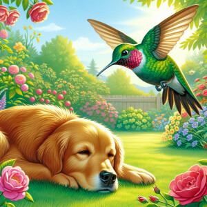 Depict a dog resting in a garden while a hummingbird flits aroun...
