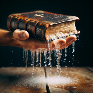 Create an image of a bible where water is flowing from. Add an o...