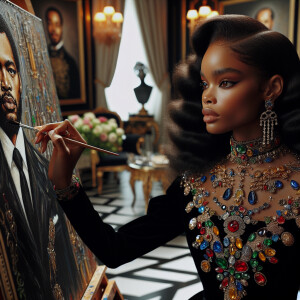 In a high-class, elegantly decorated studio, a very light-skinne...