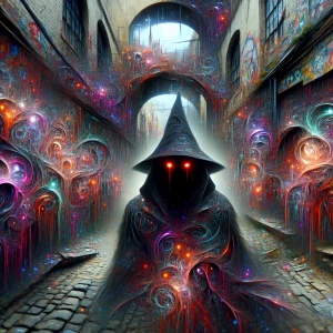 Twisted, nightmarish graffiti covering a decaying urban alleyway, dripping and pulsating with unnatural colors; a shadowy figure with glowing red eyes lurks in the background.