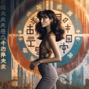 Athletic Thin skinny Attractive, Asian teenage girl, long brown hair and bangs, wearing tight skinny jeans and a halter top paint marks on her clothing, heroic pose Asian graffiti background, backside view