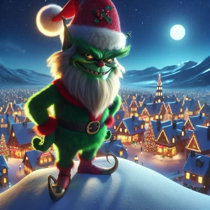 "Create a mischievous, festive character resembling the Grinch f...