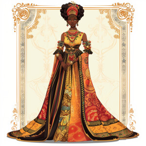Illustrate a full body regal Empress reflecting a blend of Afr...