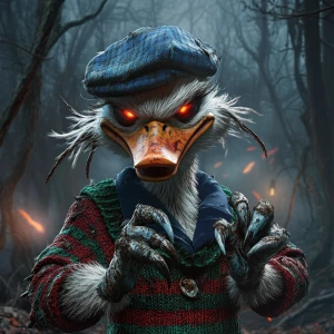 Anthropomorphic duck character in a dark, haunted forest, glowin...