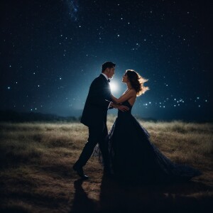 a man with a suit and a woman with black ball gown, dancing unde...
