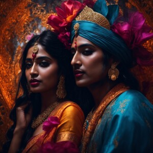 create painting of Radha Krishna modern and background black and...