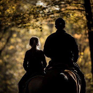 Silhouette from behind of a dad and teenage daughter riding back...