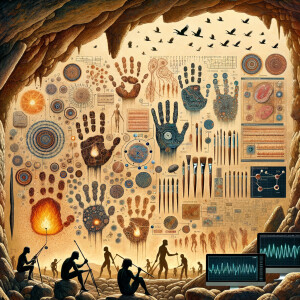 Cave Art with Handprints symbols for fire, water and air, macro, circuitry, cellular structures, DNA paint brushes and artc pallets small birds, flying cardiogram print out slide detector print electromagnetic fields linear grid golden ratio