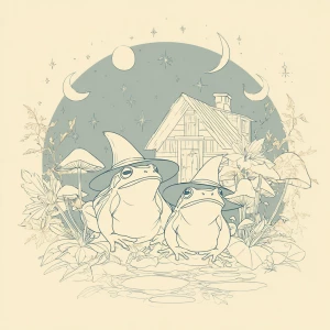 cute line-art illustration of frogs wearing wizard hats sitting...