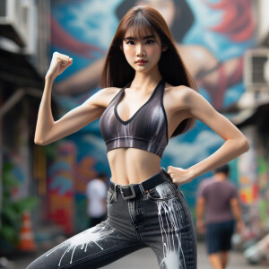 Athletic Thin skinny Attractive, Asian teenage girl, long brown hair and bangs, wearing tight skinny jeans and a halter top paint marks on her clothing, heroic pose Asian graffiti background