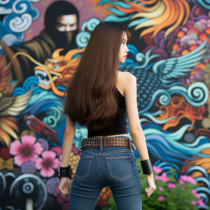 Attractive, Asian teenage girl, long brown hair and bangs, wearing tight skinny jeans and a halter top paint marks on her clothing, backside view heroic pose Asian graffiti