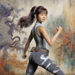 Athletic Thin skinny Attractive, Asian teenage girl, long brown hair and bangs, wearing tight skinny jeans and a halter top paint marks on her clothing, heroic pose Asian graffiti background, backside view