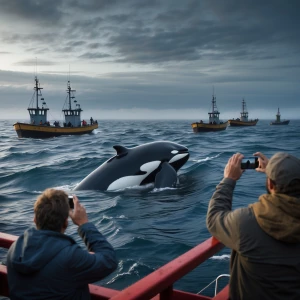 A realistic cinematic scene of a giant orca whale being seen fro...