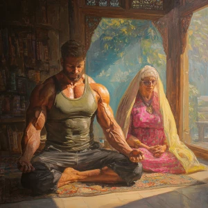 realism,sharp painting,A man muscular beefy sweaty doinga yoga s...