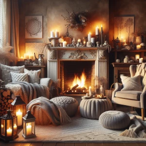 A small, inviting fireplace with soft, warm flames, surrounded b...