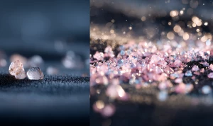 A minimalist Japanese scene with tiny glowing crystals scattered...