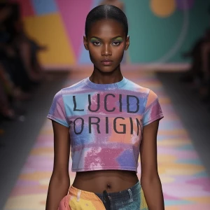 A Black female model walking on a vibrant, multicolored runway,...