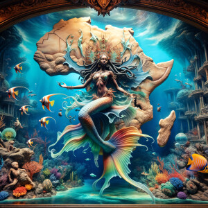 A beautiful African mermaid swimming under the continent Africa with her throne and reefs and beautiful angel fish surrounding her beautiful