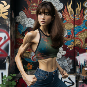 Athletic Thin skinny Attractive, Asian teenage girl, long brown hair and bangs, wearing tight skinny jeans and a halter top paint marks on her clothing, heroic pose Asian graffiti background