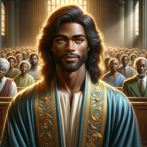 Illustrate an inspiring African-American Jesus crust with a dign...