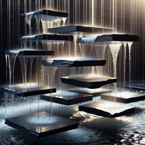 Design a floating waterfall fountain with cascading water flowin...