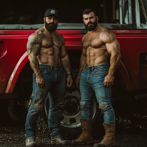 Two muscular men pose together in front of a red vehicle. They a...