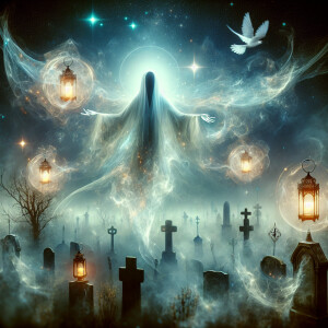 A translucent apparition with outstretched arms hovering above a...