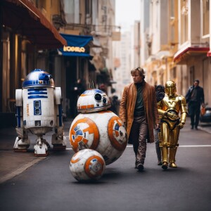 luke skywalker, BB8, C3PO and r2D2 walking down a city road