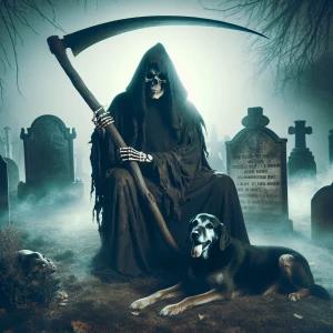 Create a realistic photo-style image of the Grim Reaper seated s...