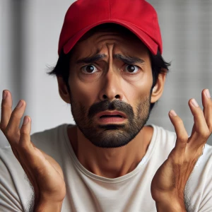 A very confused concerned and upset middle aged man with a red b...