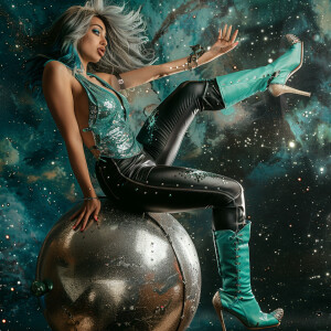 A brunette with grey streaks sitting on top of a cannonball swin...