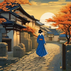 A young woman wearing a finely detailed blue dress, walking along a cobblestone path in a quiet village. Her dress flows gracefully as she moves, and the scene is illuminated by the golden hues of a setting sun, casting long shadows across the quaint, flower-filled square