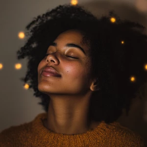 A person's expression gradually shifts from deep in thought to a...