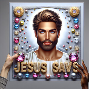 A 3D realistic artwork featuring the phrase 'Jesus Saves' adorne...