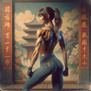 Athletic Thin skinny Attractive, Asian teenage girl, long brown hair and bangs, wearing tight skinny jeans and a halter top paint marks on her clothing, heroic pose Asian graffiti background, backside view