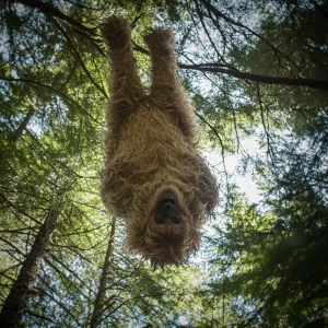 A humanoid looking hair covered sasquatch hanging upside-down hi...