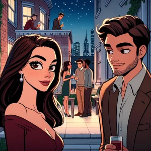 a stunning young white woman with dark brown hair and brown eyes meets a tall handsome young man with salt and pepper hair at a holiday party in an apartment in a brooklyn brownstone. They talk and eventually join other guests on the roof, where the two continue their conversation under the stars. At the end of the night, they say a warm goodbye outside on the stoop, but the young man does not ask for the young woman’s phone number. She can’t help but wonder why not.