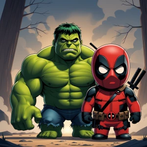Create an image that features Hulk and Deadpool as characters de...