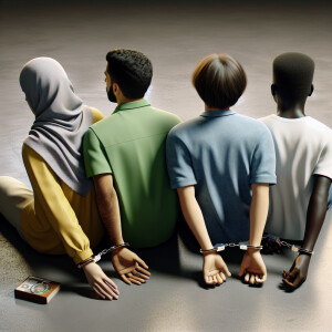 ultra-realistic, 4 white male teens handcuffed laying face down...