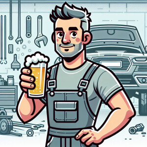 Cartoonish mechanic in grey coveralls drinking a beer
