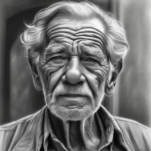 A detailed graphite portrait of a weathered old man, his wrinkled skin and coarse hair rendered with fine, textured shading that gives the drawing depth and character.