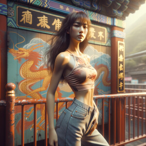 Athletic Thin skinny Attractive, Asian teenage girl, long brown hair and bangs, wearing tight skinny jeans and a halter top paint marks on her clothing, heroic pose Asian graffiti background, side view