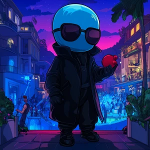 Create an image of a cartoon character with an oversized blue he...